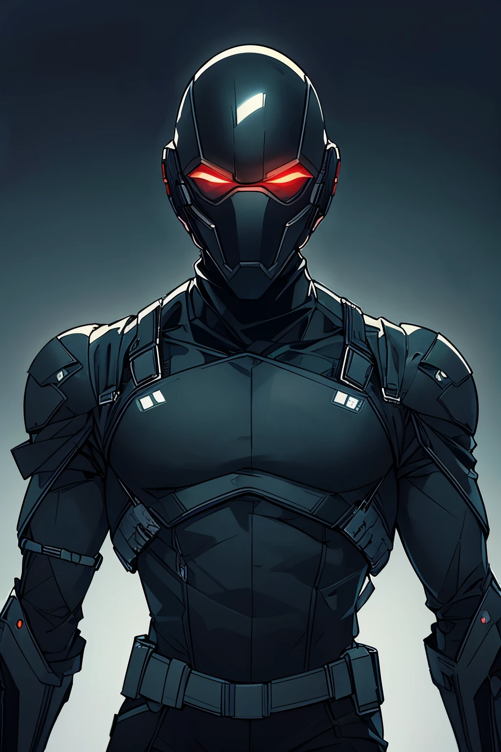 generate a black guy in a futuristic hitman costume, he has a bald headed mask that covers his whole face leaving his mouth and eyes showing only, simple all black clothing, his suit has trailed lines of glowing light around it, he has a utility gear, comic style anime bold lines