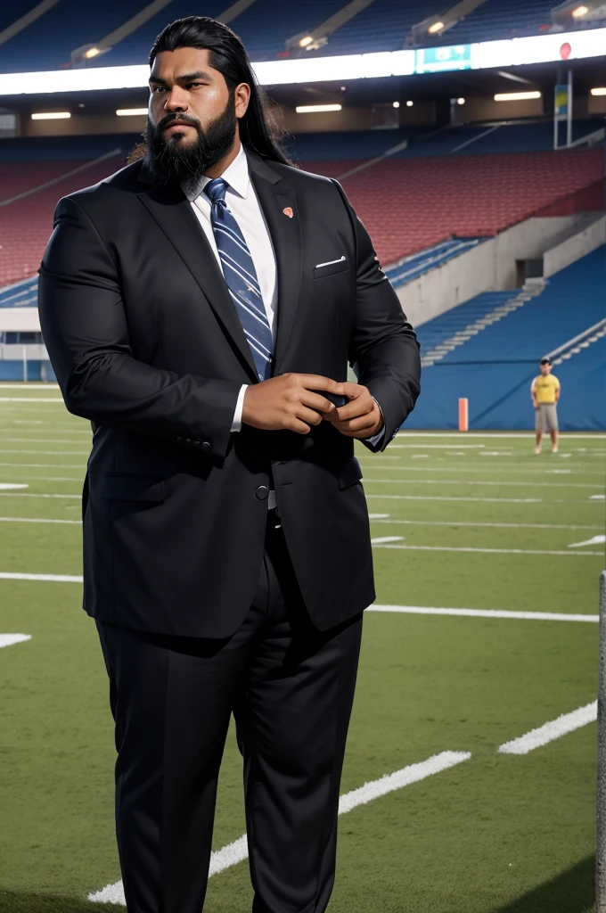 man from samoa, 30 years old, obese body, long black hair, football coach, beard, at a football field, wearing business suit