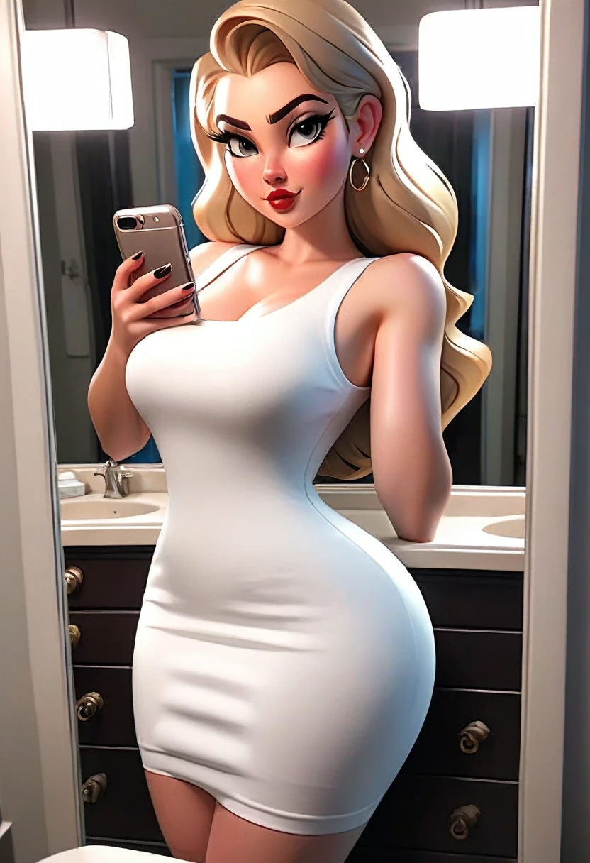 Big ass white girl, big legs, small waist, with long tight dress, taking full body selfie in the mirror