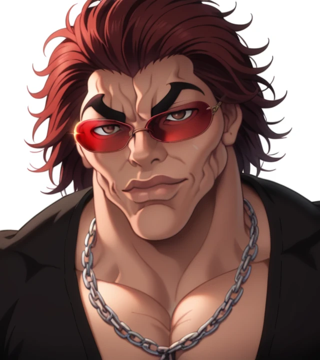 score_9, score_8_up, score_7_up, YujiroHanma, 1boy, male focus, solo, black shirt, chain necklaces, gold, sunglasses, red-tinted eyewear, muscular male, pupils, brown eyes red hair, manly, veins, dynamic lighting, extremely detailed, medium close-up shot. upper body, lips very veiny, glare, white background