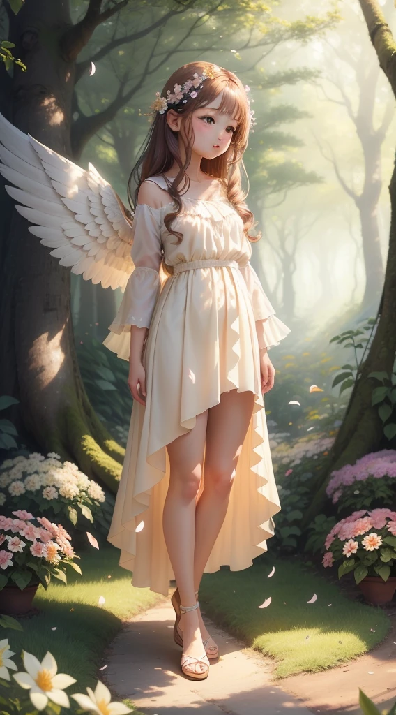 an artwork where the pretty girl's angel wings are composed of delicate blossoms and petals. She stands in a sun-dappled forest surrounded by flowers, with her hair cascading gracefully. The atmosphere is one of natural beauty and grace.幼い女の子