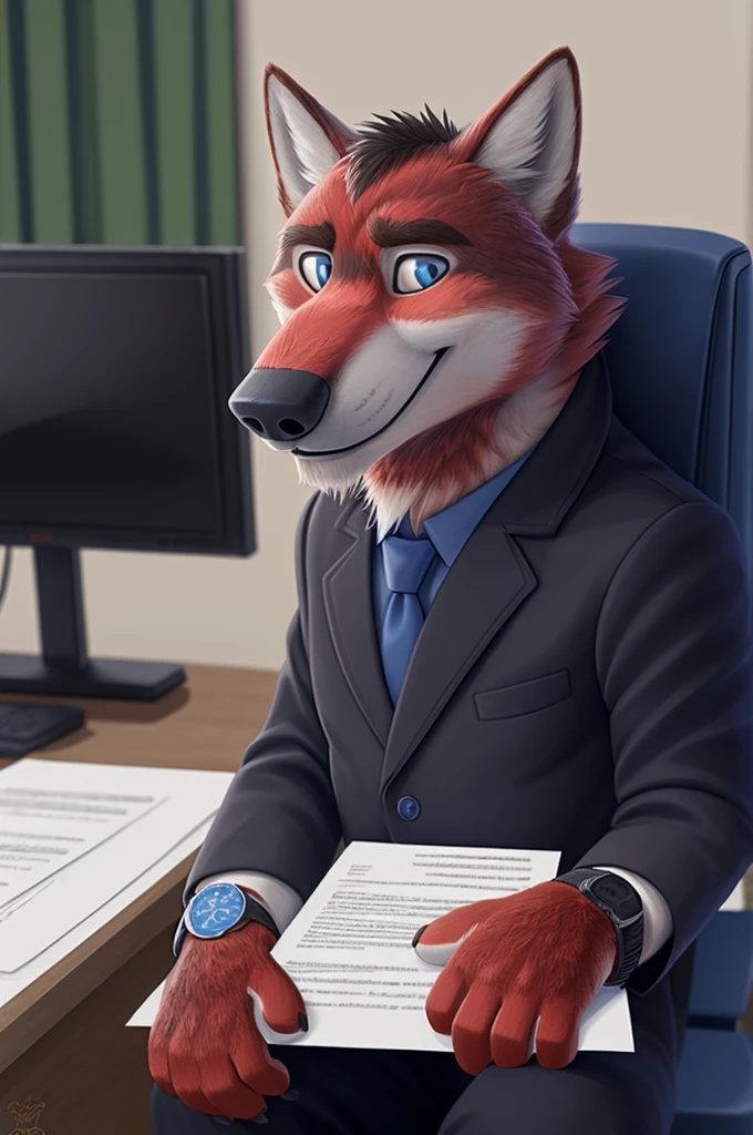 Ivan Fedorovich Wolfbach (Novosibirsk) ,Tall, handsome man, wolf,young, 24 years, brown fur,Kind,(red body:1.3),beautiful blue eyes,Novosibirsk,dressed, black jacket awards on jacket, shirt, Red tie, trousers, wolf, detailed fur, man ,paw pads, finger claws,per viewer, 5 fingers, paws, 5 fingers, smile, wrist watch, nextel, by xenoforge, (complex, high detail, digital photography, soft focus, RAW variety viewer, Very close to the camera) , variety, Novosibirsk, smile, good mood, positive, Very close to the camera, GOVERNOR, is sitting, at the computer,keyboard, is sitting за компьютерным столом,cabinet, GOVERNORа, writes documents, to the city, GOVERNOR Novosibirskа, Journalists,
Photorealism, realism, digital style, Subsurface scattering, I look at the viewer, is sitting пишет книгу конферетный стол, handle, paper,
masterpiece, Best quality, ultra realistic, 8 thousand.)