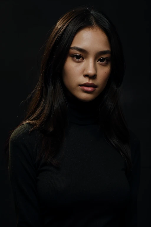 xIllustration by Dong Yang. Black background. A beautiful black woman with long brown hair. She wears a black turtleneck, and a pair of olive green skinny jeans.