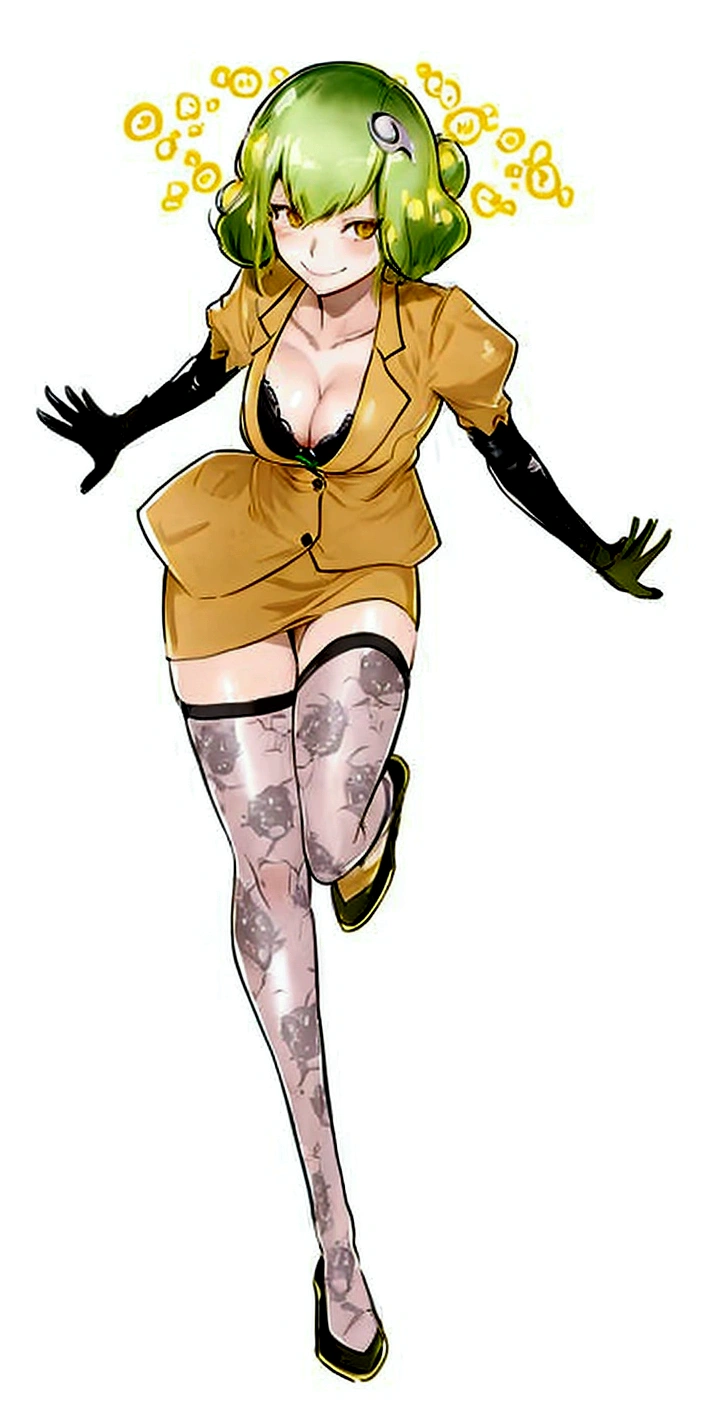 Rie kishibe (digimon),green hair, black elbow gloves, yellow blazer, yellow pencil skirt, stockings, black pumps, 1girl, solo, cleavage, evil smile