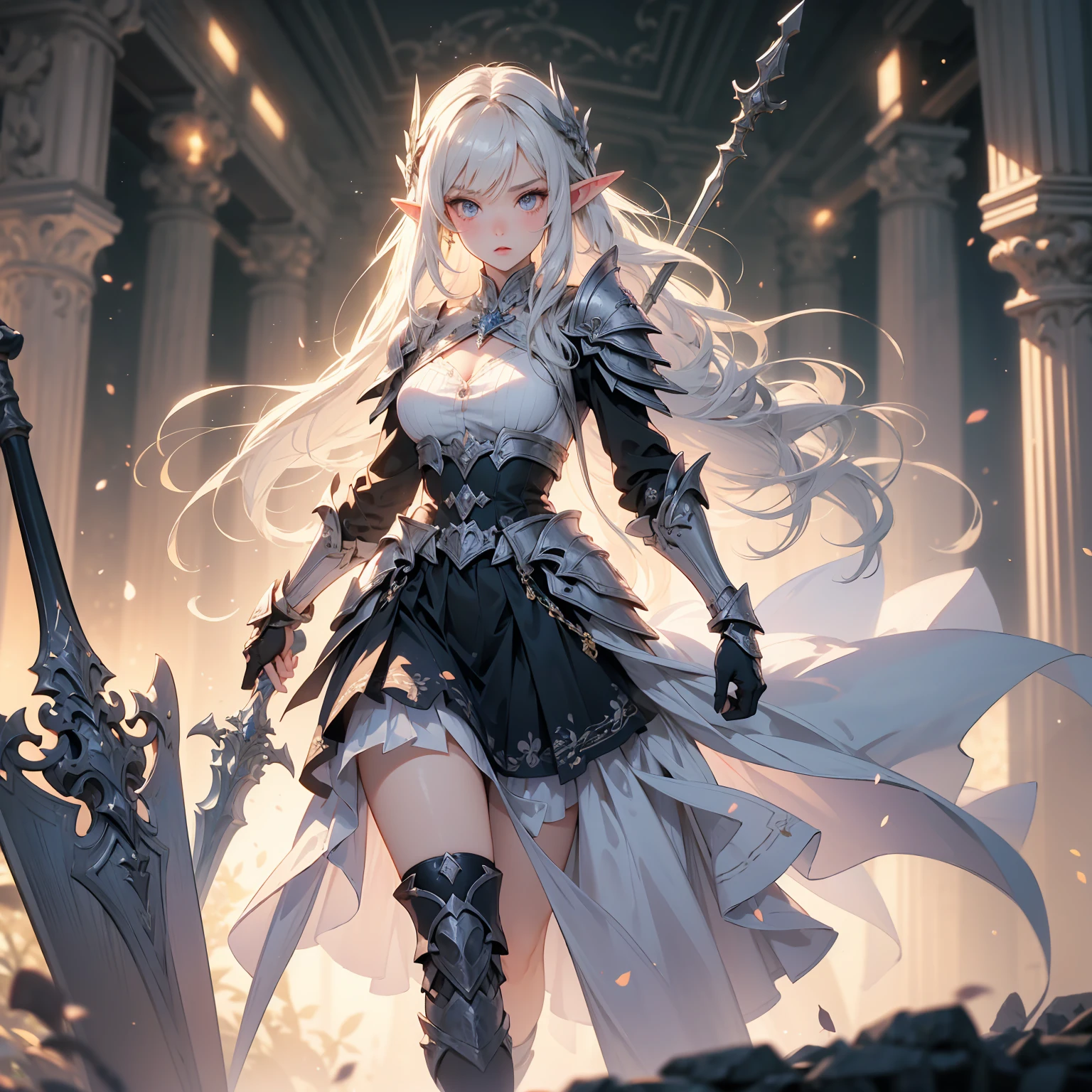 (((masterpiece, best quality, high detailed, 4k))) Design a layout showcase Gaming character, (1girl). Purple|Black clothes, stylish and unique. ((showcase weapon:1.4)), holy majestic spear. (luminous lighting, atmospheric lighting). arcane elf, ((glove full hands)), revealing clothes, vambraces, armored legwear, full body shot. {In a mystical library}. (zentangle, mandala, fractal art:1.3), maxiskirt, dress conservatively, (elf:1.2), solo, full body, wide shot, standing with white boots, holding spear down, blunt bangs, hair between eyes, white hair, golden eyes, long hair, elf ears, Valkyrie white armor, angel, chest protector, side bang, looking at viewer, dynamic pose, art style by Artgerm, by Kawacy, by Wadim Kashin, BREAK, eyelashes, eyeshadow, pink eyeshadow.