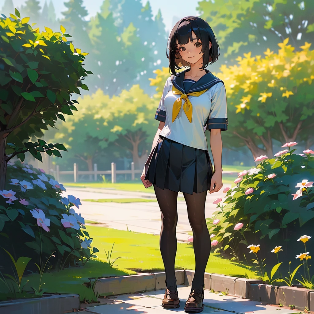 (Highest quality, High resolution, Super detailed, Realistic:1.37), Peaceful atmosphere, (Outdoor, garden), age girl standing alone,(my breasts are big.),Beautifully detailed features, Cute Smile, ((Black bob hair)),Short-sleeved sailor uniform, Pleated skirt,Black tights,Brown leather shoes.