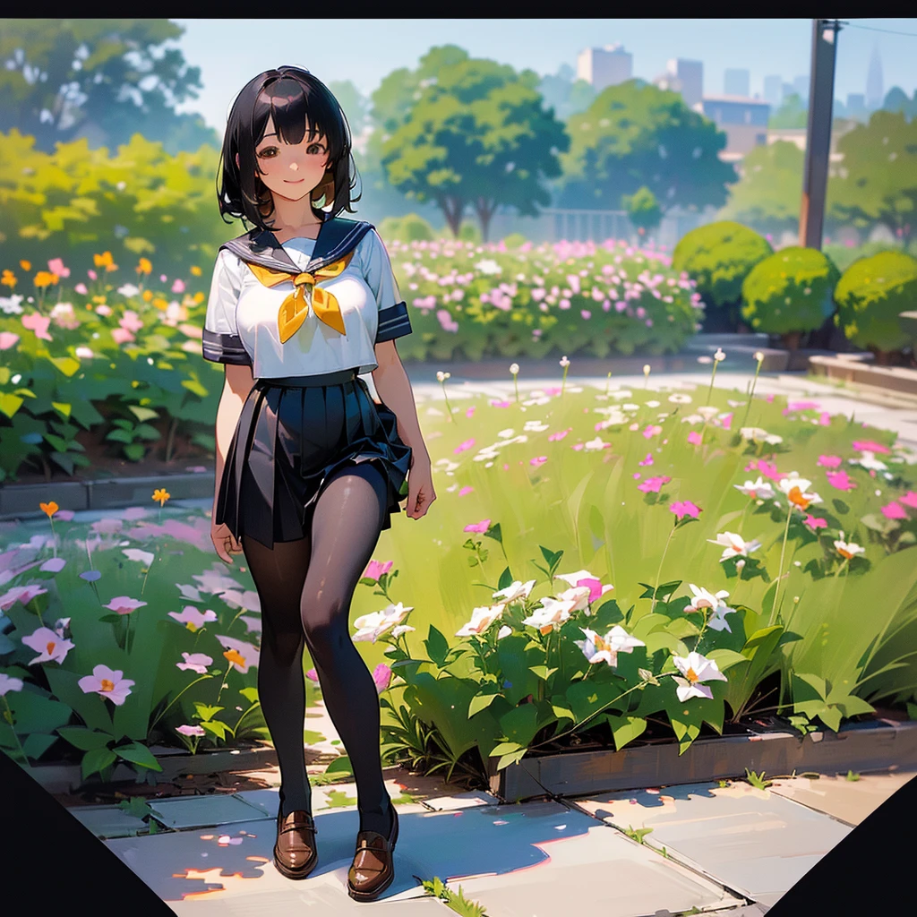 (Highest quality, High resolution, Super detailed, Realistic:1.37), Peaceful atmosphere, (Outdoor, garden), Teenage girl standing alone,(my breasts are big.),Beautifully detailed features, Cute Smile, ((Black bob hair)),Short-sleeved sailor uniform, Pleated skirt,Black tights,Brown leather shoes.