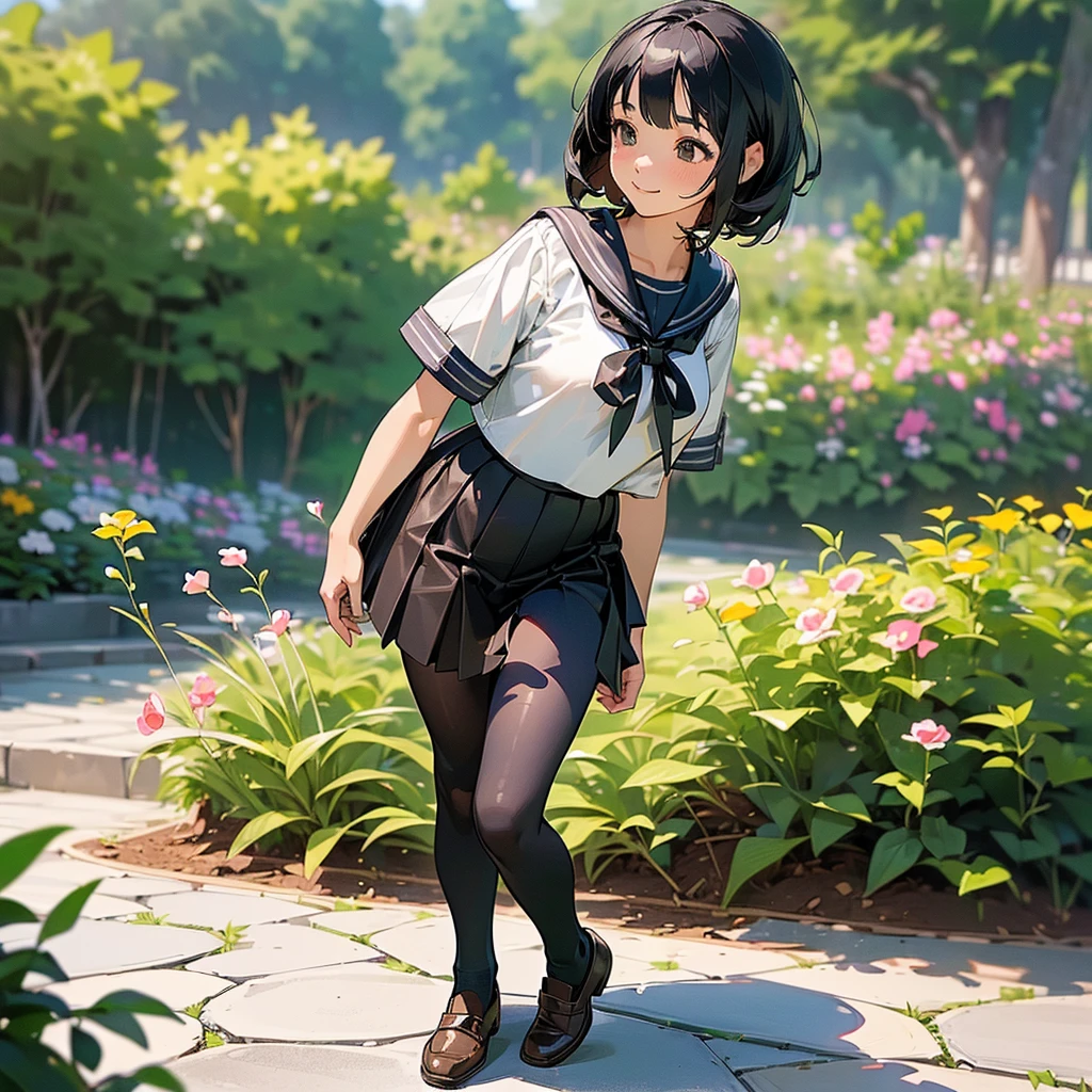 (Highest quality, High resolution, Super detailed, Realistic:1.37), Peaceful atmosphere, (Outdoor, garden), age girl standing alone,(my breasts are big.),Beautifully detailed features, Cute Smile, ((Black bob hair)),Short-sleeved sailor uniform, Pleated skirt,Black tights,Brown leather shoes.