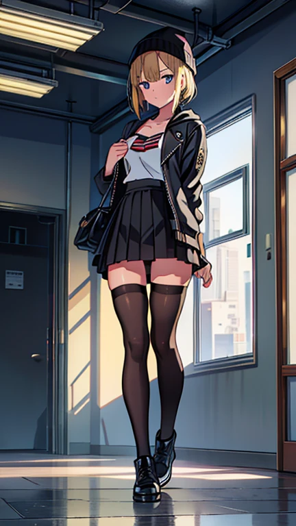 masterpiece, best quality, 2000's american ager, grunge girl, blonde hair, short hair, without bangs, black beanie, blue eyes, grunge style, grunge outfit, checkered jacket, long skirt, long black tights, beautiful girl, thin, full body, (mid-breasts:1.0), ((mid chest)), (big butt), wide thigh, standing, highschool scenario, (Ultra High Resolution: 1.2), (RAW Photo: 1.2)