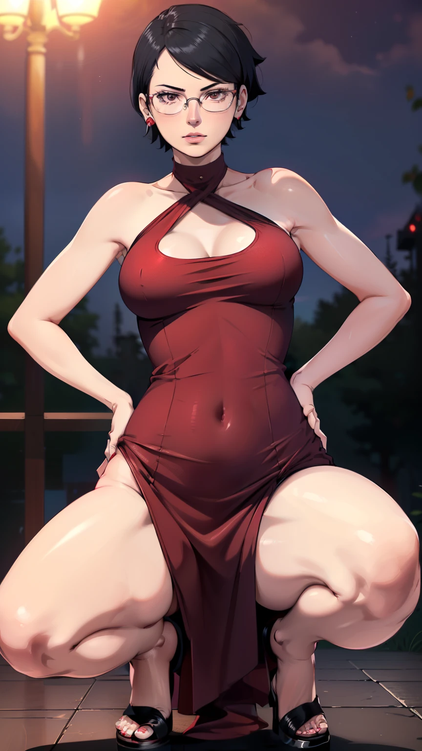 (masterpiece, best quality:1.2),((photoreal:1.2)),perfect anatomy,((solo:1.5)), ((alone:1.5)),((1 middle age woman:1.5)),perfect eyes,Sarada, ((looking at viewer:1.4)),((horizontal angle)),((straight-on:1.4)),((view from front:1.4)),shooting from front,lighting from front,((small breasts:1.4)),(sagging breasts:1.1),((muscular:1.1),((do not hide your crotch:1.4)),(cod lips),((squatting:1.3)),((spreading your legs wide:1.3)),((hands on hip bone:1.3)),(holding your head high),delicate and beautiful,black hair,pixie cut,glasses,((detailed hair)),((bare legs:1.4))((bare arms)),,BREAK ((deep red evening dress:1.2)),high heel,party dress,sleeveless dress,halterneck dress