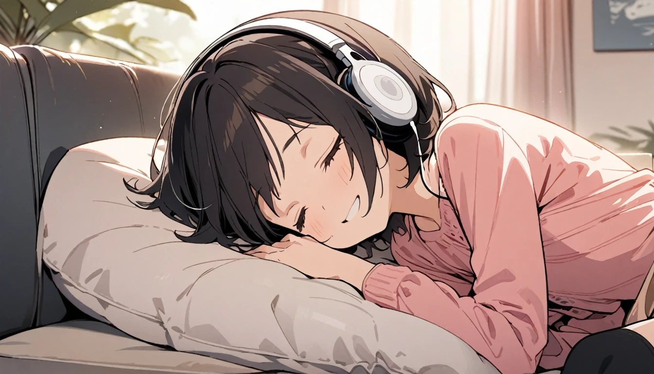 1girl, solo, flat chest, short hair, black hair, , black socks, upper body, gentle smile on her face, pink shirt((masterpiece, illustration, best quality)) listening to music, close your eyes, indoors, sofa, headphones、laying on the sopha with laying her head on pillows, detailed description