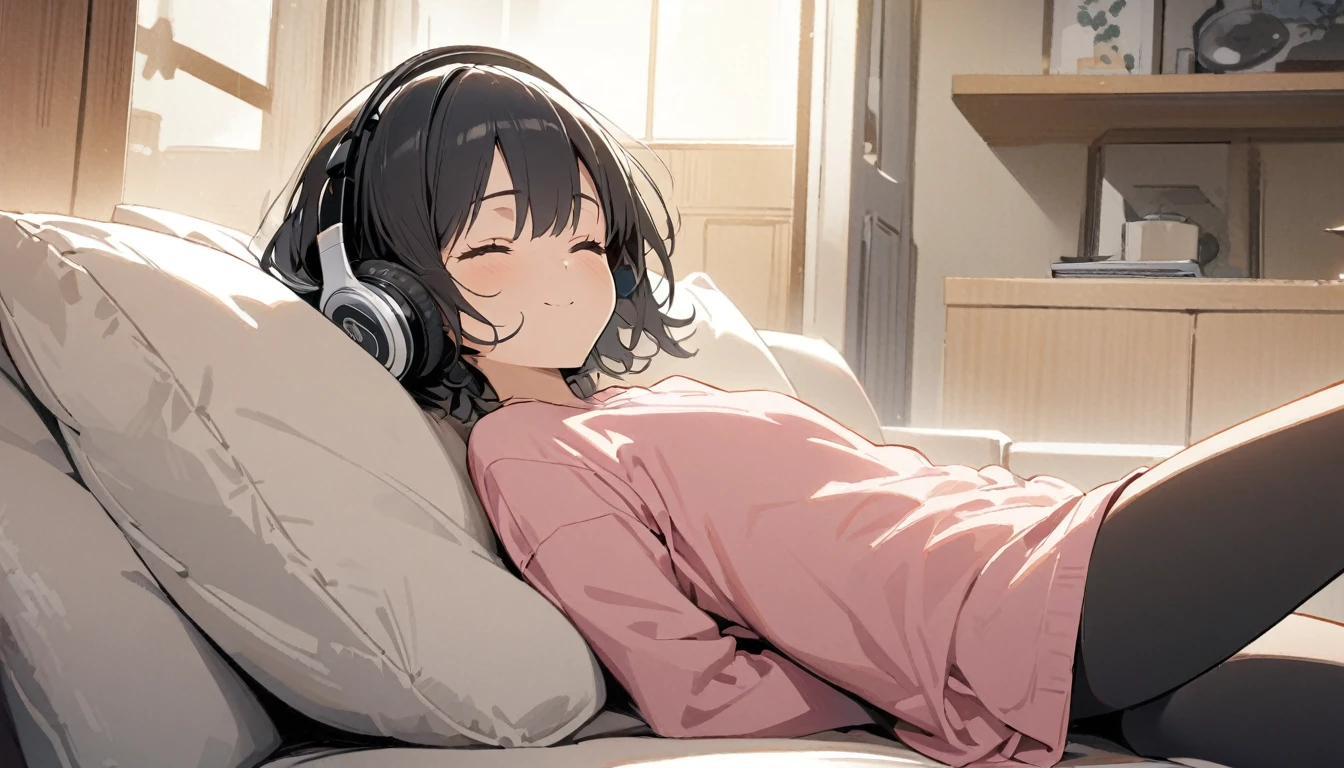 1girl, solo, flat chest, short hair, black hair, , black socks, upper body, gentle smile on her face, pink shirt((masterpiece, illustration, best quality)) listening to music, close your eyes, indoors, sofa, headphones、laying on the sopha with laying her head on pillows, detailed description