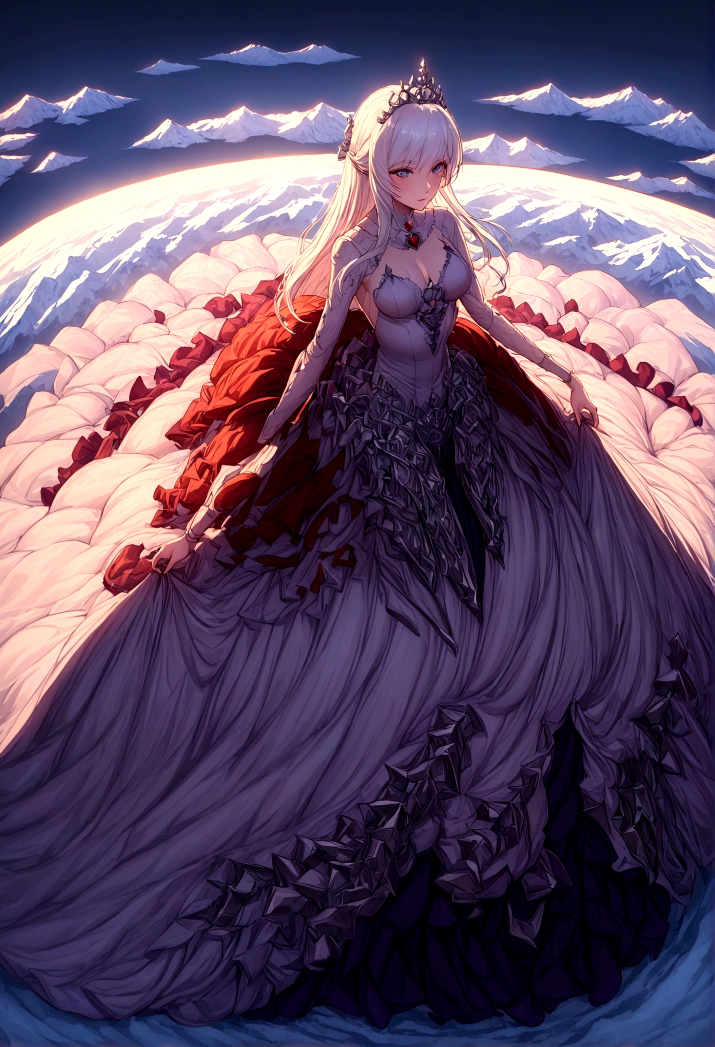 (composição perfeita, high detailed, high detailed face, 8k resolution, fabulous fancy purple long queen dress, detailed cloth) long dress, mature woman, adult, beautiful face, white long hair, closed dress, extensious dress, heels, sitted in a ice organic throne, snow mountain background, dark fantasy style, digital illustration, goddess aura, beauty aspects, gentile expressions, detailed face, very detailed, light from above holy aura, imponent prescence, light holofot, high quality shadows, sunrise light