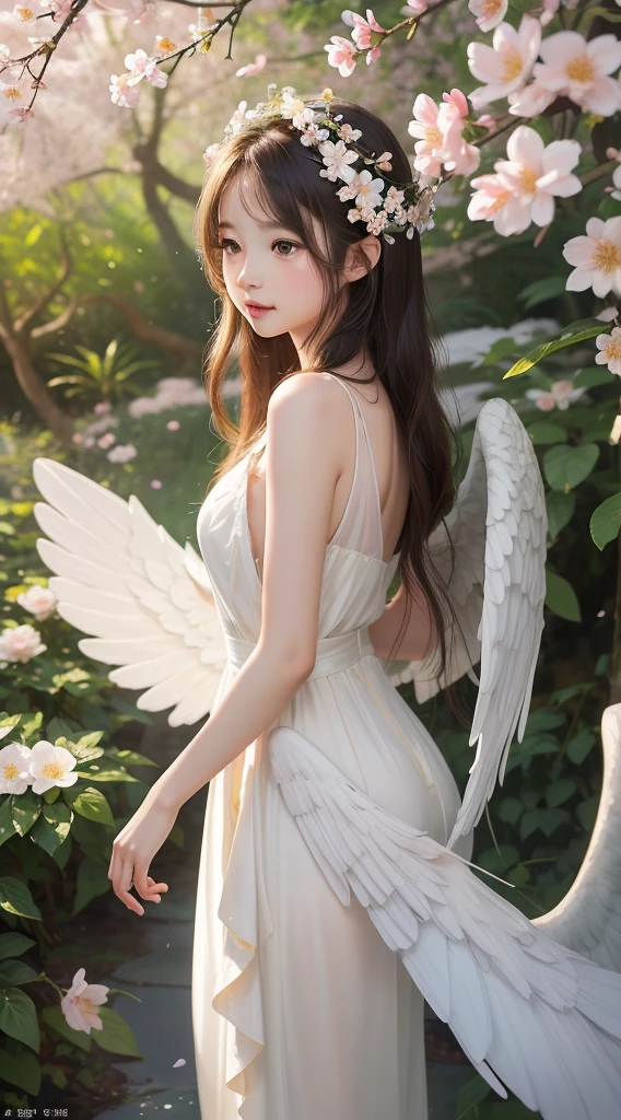 an artwork where the pretty girl's angel wings are composed of delicate blossoms and petals. She stands in a sun-dappled forest surrounded by flowers, with her hair cascading gracefully. The atmosphere is one of natural beauty and grace.幼い女の子