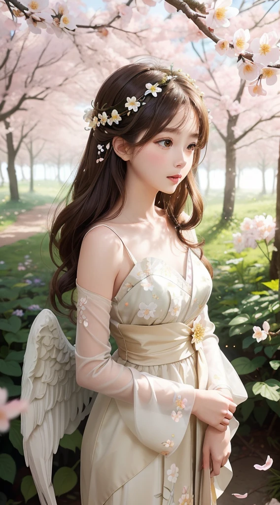 an artwork where the pretty girl's angel wings are composed of delicate blossoms and petals. She stands in a sun-dappled forest surrounded by flowers, with her hair cascading gracefully. The atmosphere is one of natural beauty and grace.幼い女の子