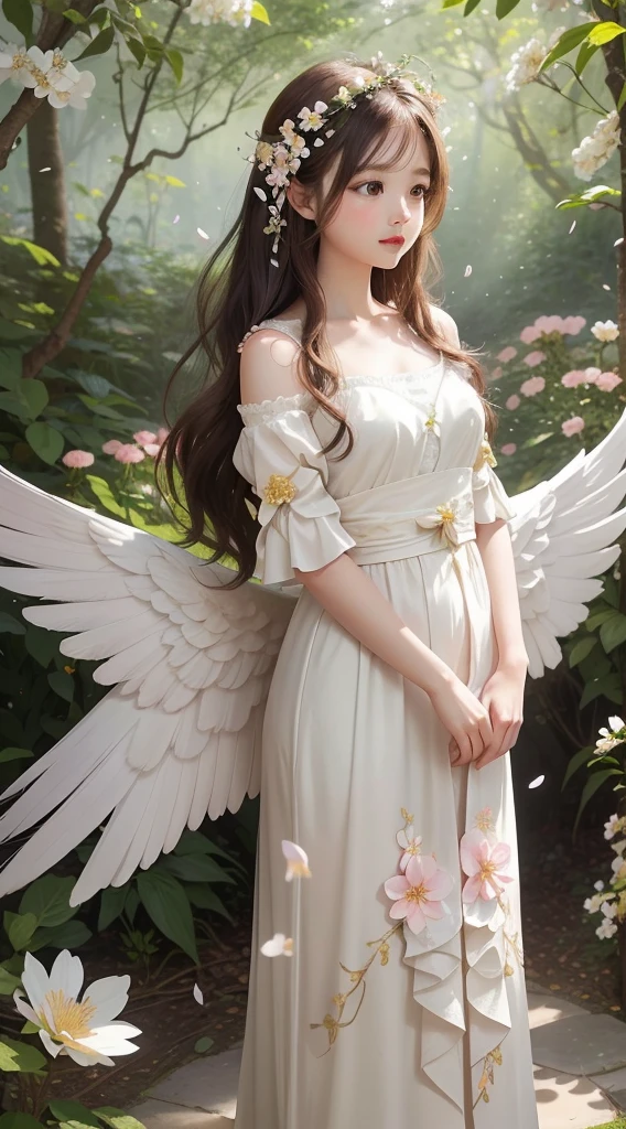 an artwork where the pretty girl's angel wings are composed of delicate blossoms and petals. She stands in a sun-dappled forest surrounded by flowers, with her hair cascading gracefully. The atmosphere is one of natural beauty and grace.幼い女の子