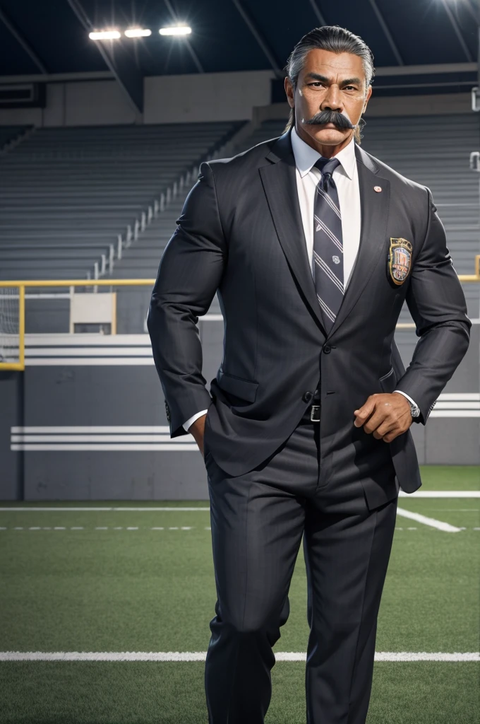 man from samoa, 60 years old, very muscular body, long gray hair, football coach, handlebar moustache, at a football field, wearing black business suit