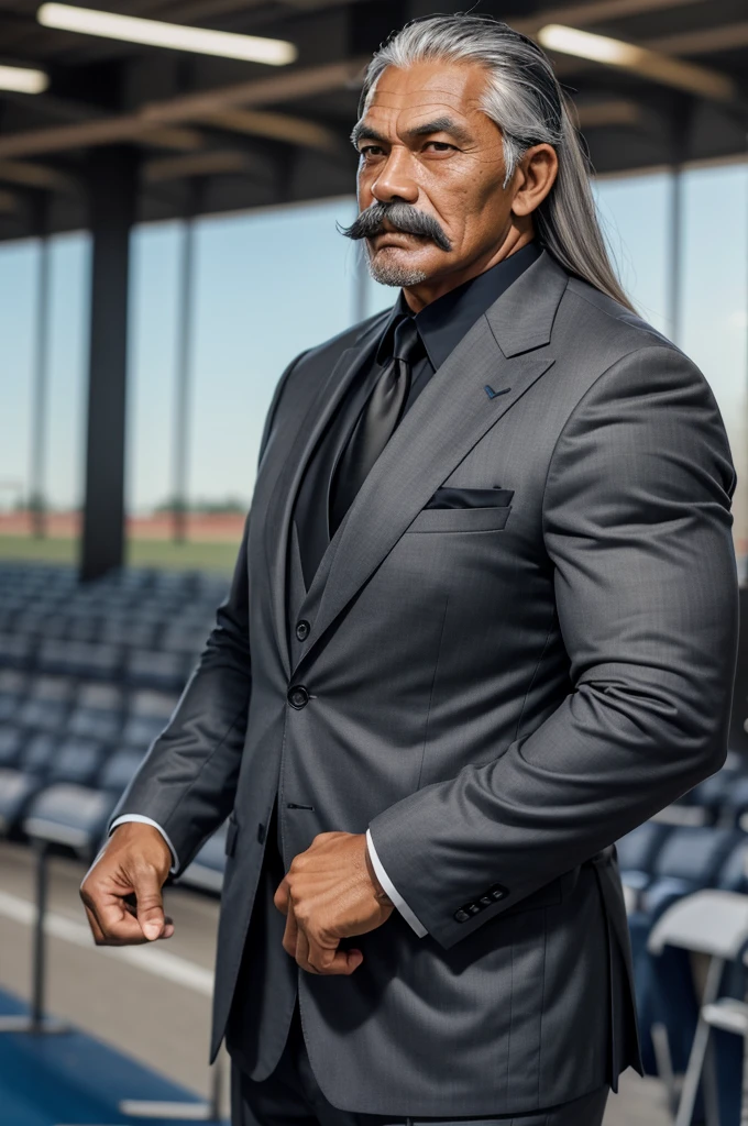 man from samoa, 60 years old, very muscular body, long gray hair, football coach, handlebar moustache, at a football field, wearing black business suit