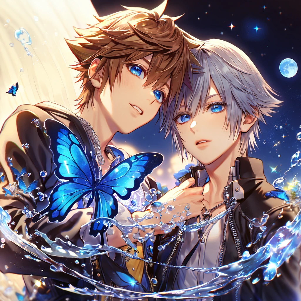 absurdres, highres, ultra detailed, HDR, master piece, best quality, extremely detailed, Riku, gray hair, expressive blue eyes, Kingdom Hearts, Sora, brown hair, expressive blue eyes, two sexy men together, gay couple, yaoi, handsome, black jacket, fantasy, water, sparkling, blue glittering fireflies, blue moon, blue flowers, blue butterflies, starry sky