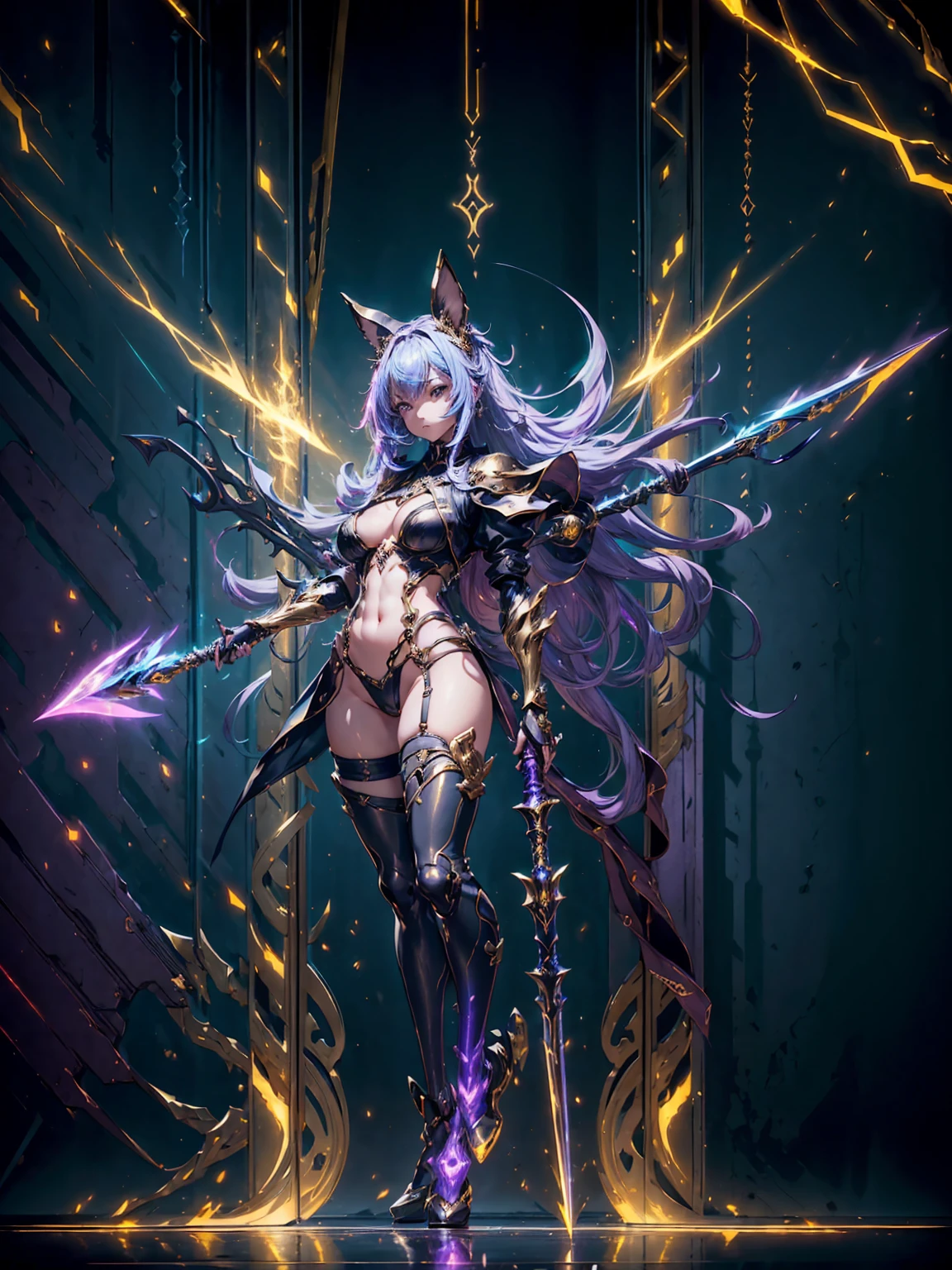 Design a layout showcase Gaming character, (1girl). Golden+Purle clothes, stylish and unique, ((showcase weapon:1.4)), magic staff, (masterpiece:1.2), (best quality), 4k, ultra-detailed, (Step by step design, layout art:1.5), (luminous lighting, atmospheric lighting), Final Fantasy style, magican, ((glove full hands)), fran, viera, (((revealing clothes:1.3))), vambraces, armored legwear, (((full_body_shot:1.4))), Niji