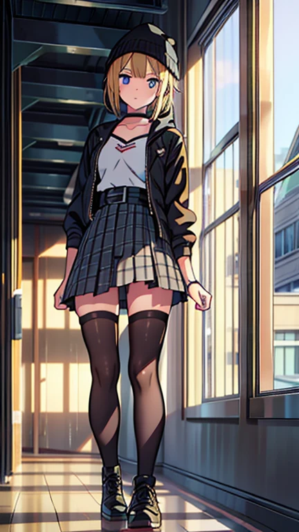 masterpiece, best quality, 2000's american ager, grunge girl, blonde hair, short hair, without bangs, black beanie, blue eyes, grunge style, grunge outfit, checkered jacket, long skirt, long black tights, beautiful girl, thin, full body, (mid-breasts:1.0), ((mid chest)), (big butt), wide thigh, standing, highschool scenario, (Ultra High Resolution: 1.2), (RAW Photo: 1.2)
