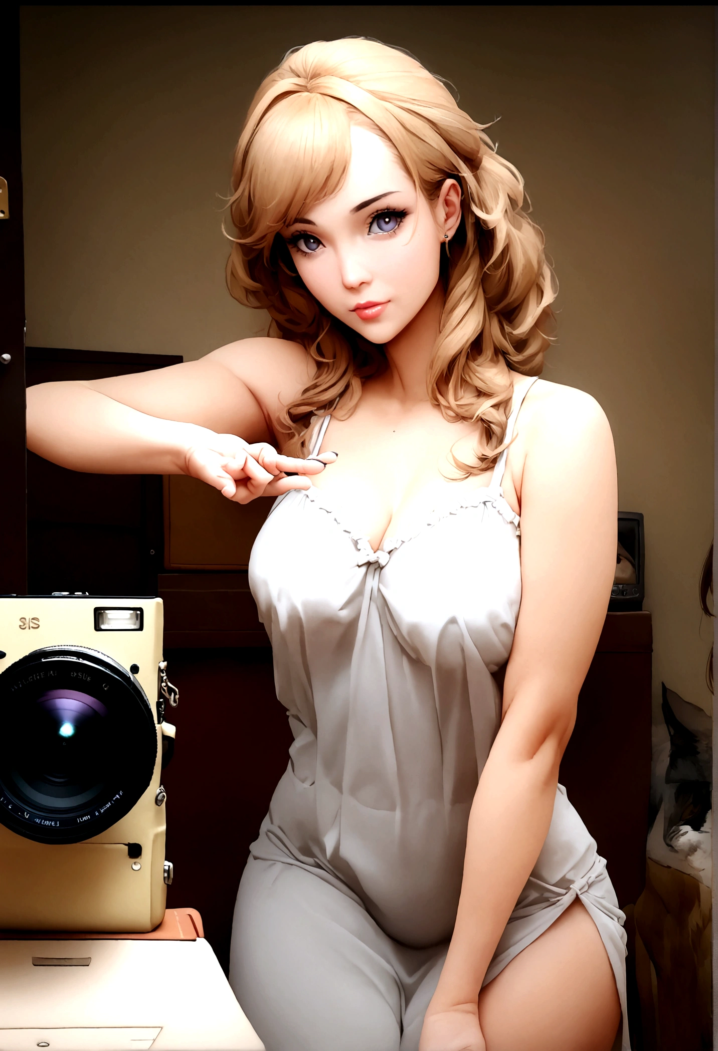 professionnel, (photo 4k:1.1) (mise au point nette:1.3), détail élevé, porter (Chemise moulante:1.2), beau visage détaillé, hispanique, Une jolie femme aux longs cheveux bruns regarde la caméra, ressemblant à l'actrice Megan Fox, Panasonic Lumix S Pro 50mm F/1.4, , photo réaliste, (jolie jeune femme:1.3), (séduisant:1.1), (rougissant:1.1), Forme du corps du sablier, gros seins ronds, haut
