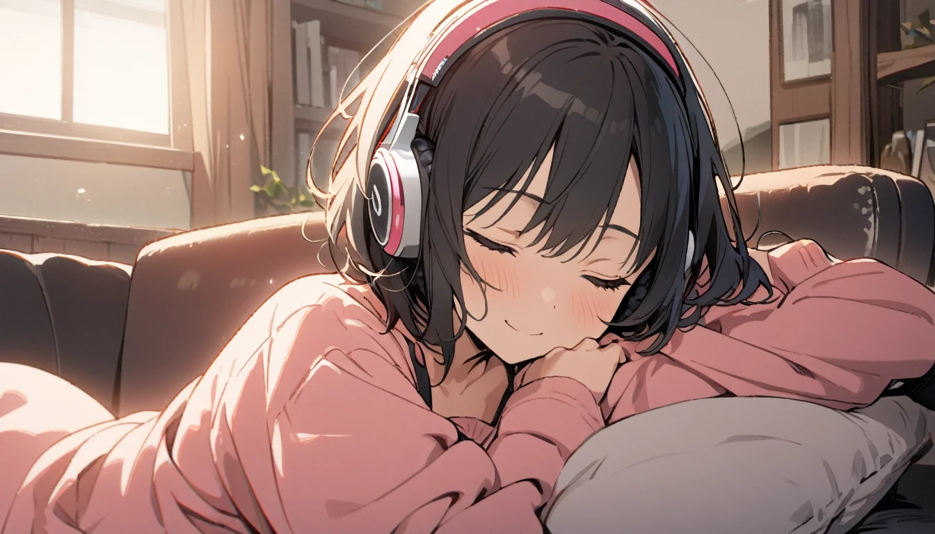 1girl, solo, flat chest, short hair, black hair, , black socks, upper body, gentle smile on her face, pink shirt((masterpiece, illustration, best quality)) listening to music, close your eyes, indoors, sofa, headphones、laying on the sopha with laying her head on pillows, detailed description