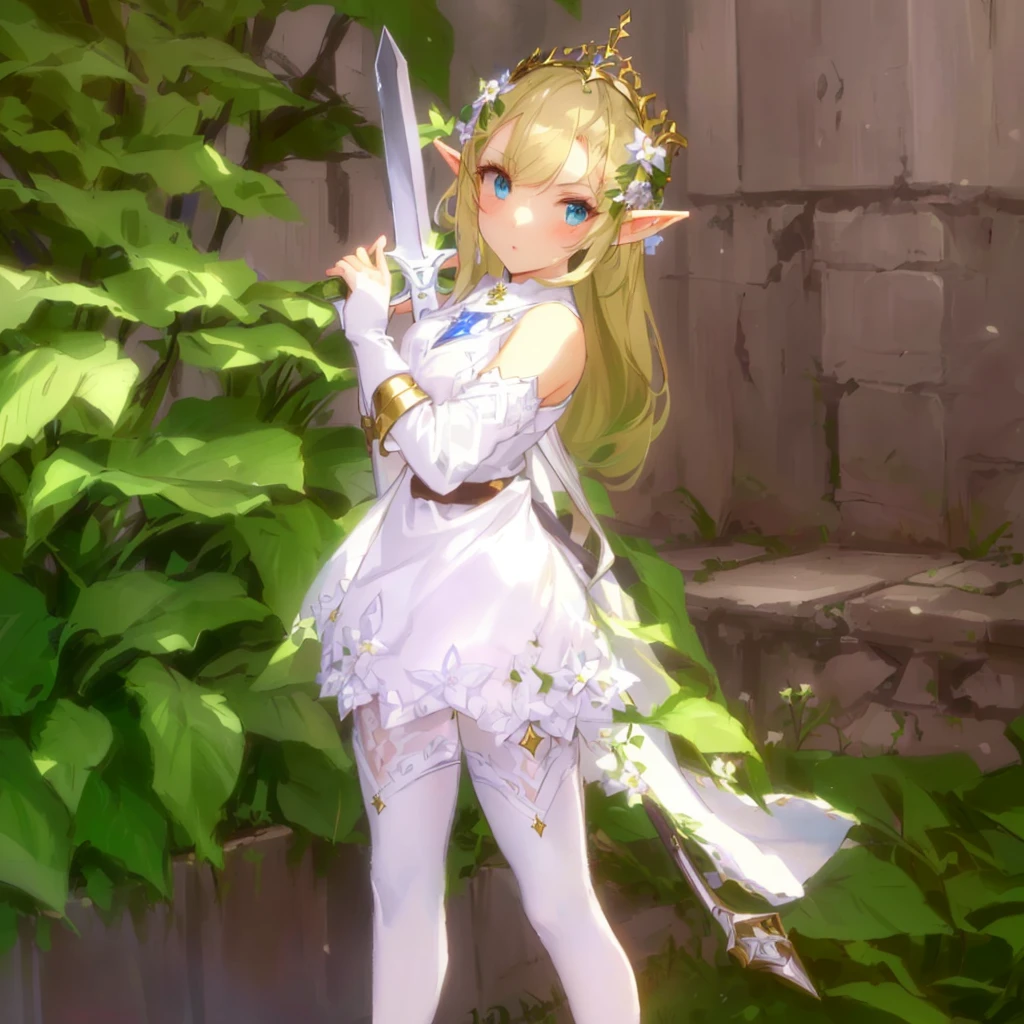 hair slicked back, masterpiece:1.2, best quality, there is a woman in a white dress holding a sword, elf princess, alluring elf princess knight, elf princess knight, elf girl, (((mad))) elf princess, ragnarok online, elf girl wearing an flower suit, lalafell, she has elf ears and gold eyes, elven princess, an elf queen, glossy white armor, pixie character