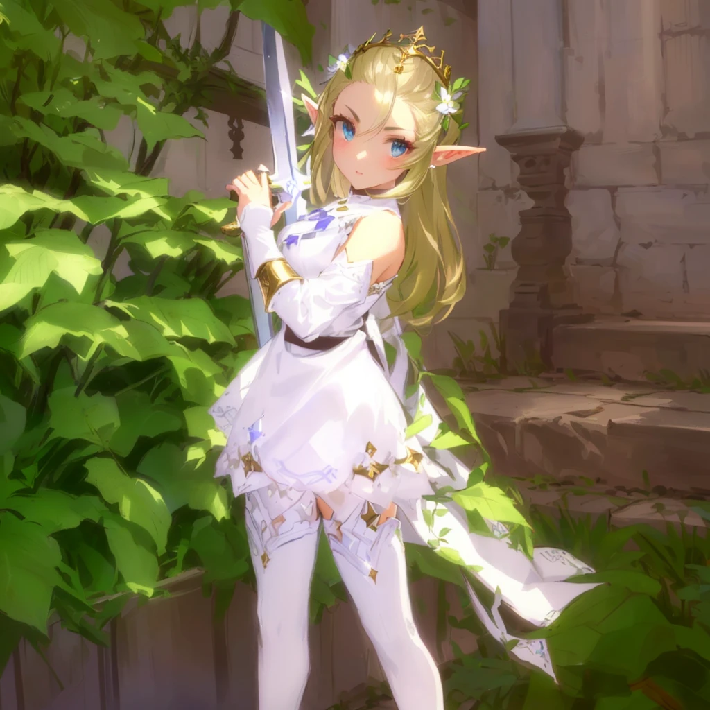 hair slicked back, masterpiece:1.2, best quality, there is a woman in a white dress holding a sword, elf princess, alluring elf princess knight, elf princess knight, elf girl, (((mad))) elf princess, ragnarok online, elf girl wearing an flower suit, lalafell, she has elf ears and gold eyes, elven princess, an elf queen, glossy white armor, pixie character