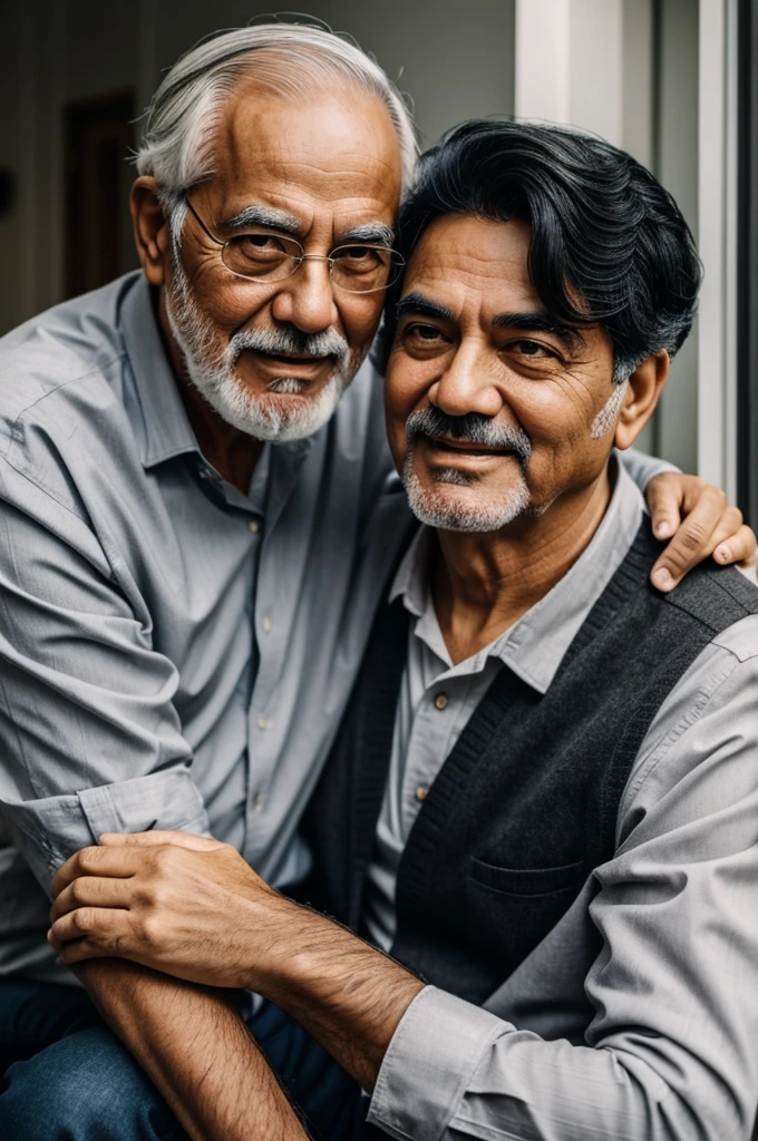 Grandfather with black hair and gray hair 