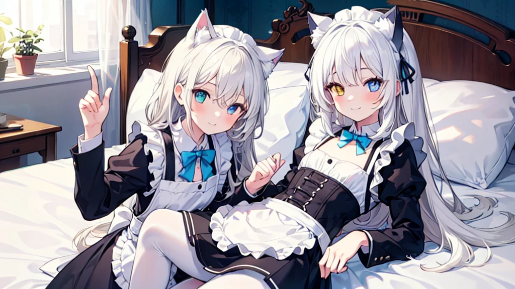 Maid costume,White pantyhose,White hair,Long hair,Cat ear,Heterochromia blue-yellow,Smile,Female face,There are bright spots in the eyes,Female hands,White little hands,Normal fingers,flat chest,2 people,in the room,Lying in bed,One of them lies on top of another