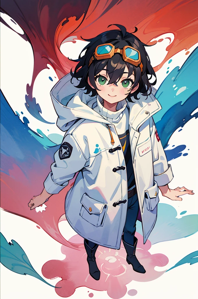 (watercolor \(medium\):1.25),color splashing, fussion of Fluid abstract art,colorful background,, ultra detailed, masterpiece, best quality, aesthetic, detailed,, ultra detailed, masterpiece, best quality, solo, smile, 1boy, green eyes, short hair, black hair, bangs, hair between eyes, messy hair, (goggles on head:1.2),, headband, white coat, hooded coat, hood down, open coat, turtleneck, capri pants, pants, black knee boots,