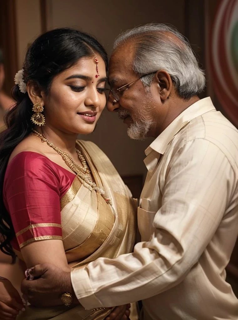 A radiant, full-figured South Indian plus-sized 30 year old teacher wearing a cream silky saree tenderly hugging and kissing a group of jubilant 20-year-old men in kitchen, captured in a full-body image with vibrant hues and meticulous details.