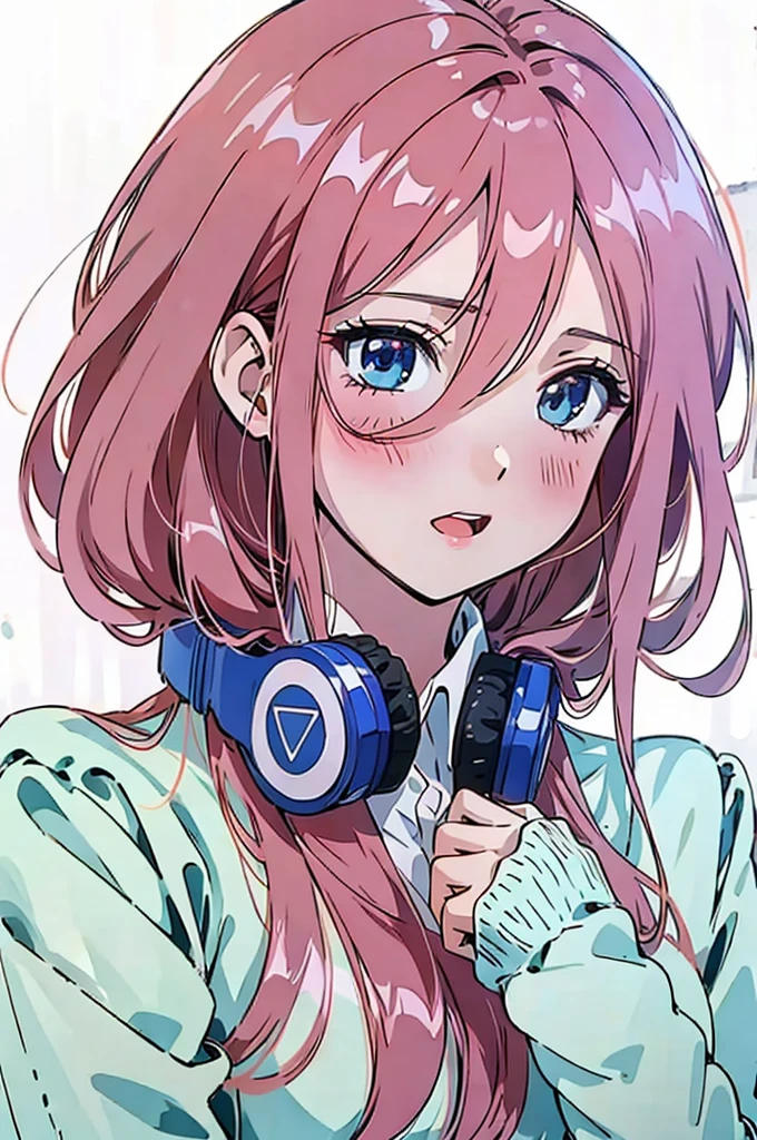 best quality, masterpiece, highres, solo, {nakano_miku_gotoubunnohanayome:1.15}, long_hair, brown_hair, bangs, hair_between_eyes, blue_eyes, headphones_around_neck, headphones, blush, closed_mouth, shiny_hair, 1girl, open_mouth, shirt, upper_body, white_shirt, brick_wall, long_sleeves, shiny