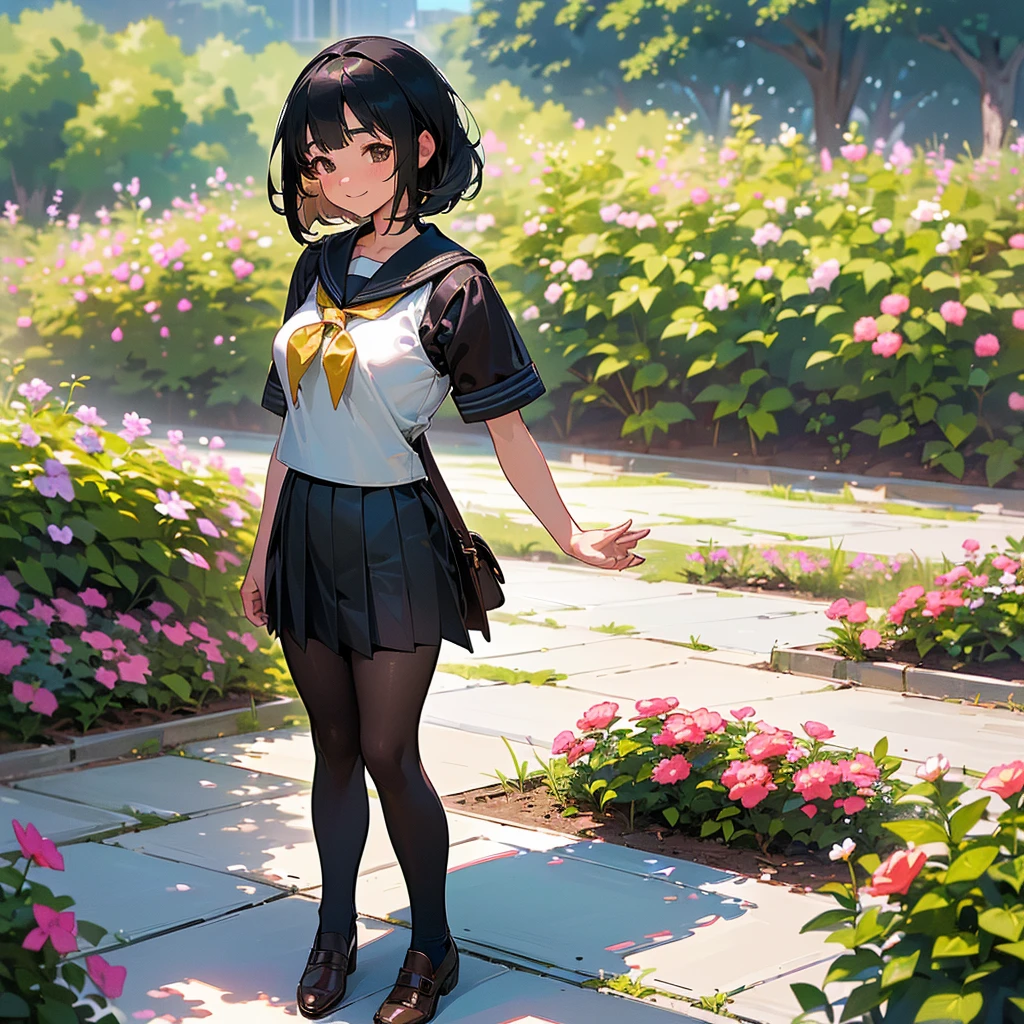 (Highest quality, High resolution, Super detailed, Realistic:1.37), Peaceful atmosphere, (Outdoor, garden), age girl standing alone,(my breasts are big.),Beautifully detailed features, Cute Smile, ((Black bob hair)),Short-sleeved sailor uniform, Pleated skirt,Black tights,Brown leather shoes.