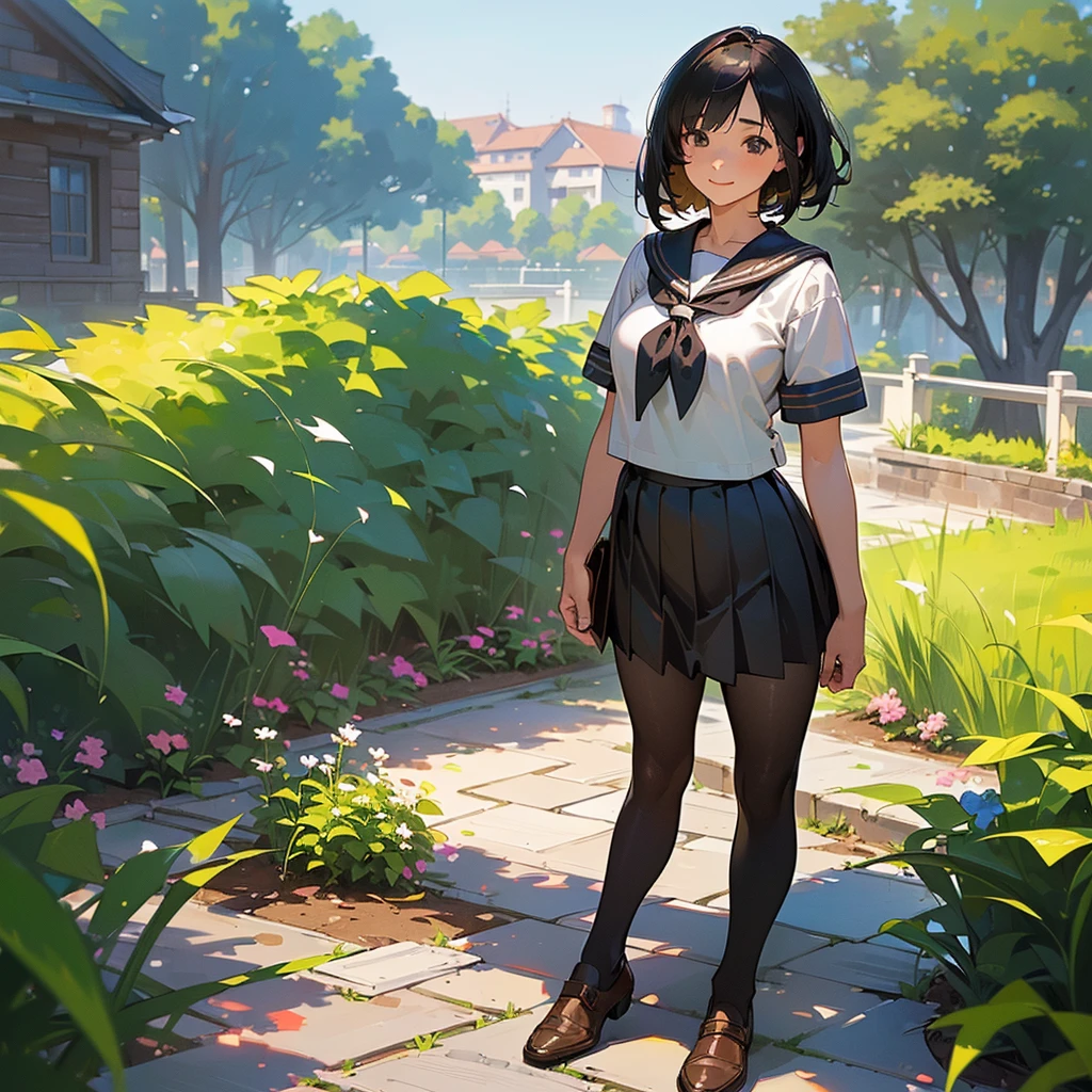 (Highest quality, High resolution, Super detailed, Realistic:1.37), Peaceful atmosphere, (Outdoor, garden), Teenage girl standing alone,(my breasts are big.),Beautifully detailed features, Cute Smile, ((Black bob hair)),Short-sleeved sailor uniform, Pleated skirt,Black tights,Brown leather shoes.