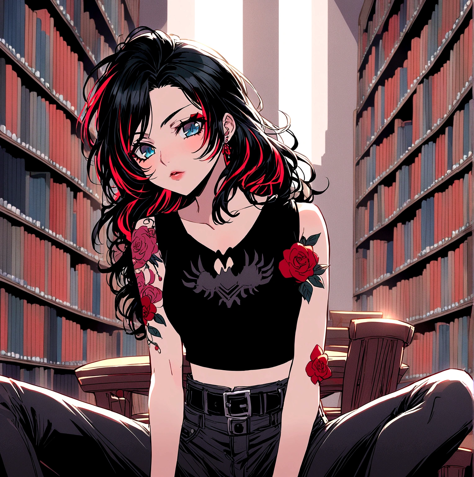 Create a female character for the anime bleach. With black hair and long red highlights, your blue eyes.