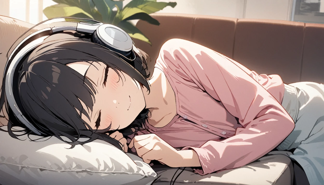 1girl, solo, flat chest, short hair, black hair, , black socks, upper body, gentle smile on her face, pink shirt((masterpiece, illustration, best quality)) listening to music, close your eyes, indoors, sofa, headphones、laying on the sopha with laying her head on pillows, detailed description