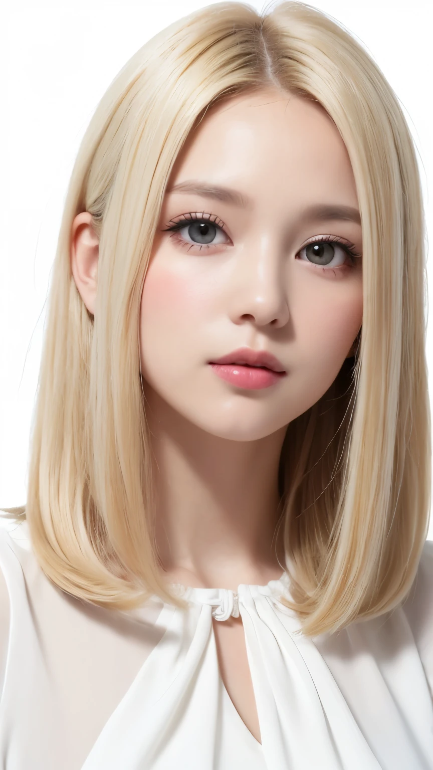 (((forehead、White Blonde Hair、Northern Europe、White people、beautiful girl、Blonde、White background、cute、Young、blouse、True Face、Shiny Hair)))、table top, highest quality, figure, super detailed, finely, High resolution, 8k wallpaper, Perfect dynamic composition, detailed and beautiful eyes, Deco out,bionde, medium hair, big breasts, Natural color lip,white background, random cute poses,frill dress