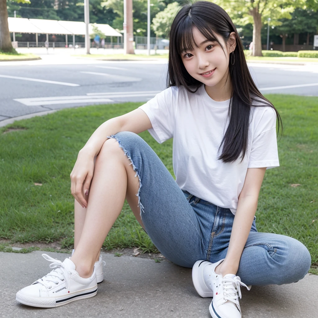 Full body uhd definition of cute Japanese girl, bright smile, 24 years old, long straight black hair, wearing a white small strap T-shirt, wearing jeans shorts, white sneakers, sitting on her knees, the background is a park.