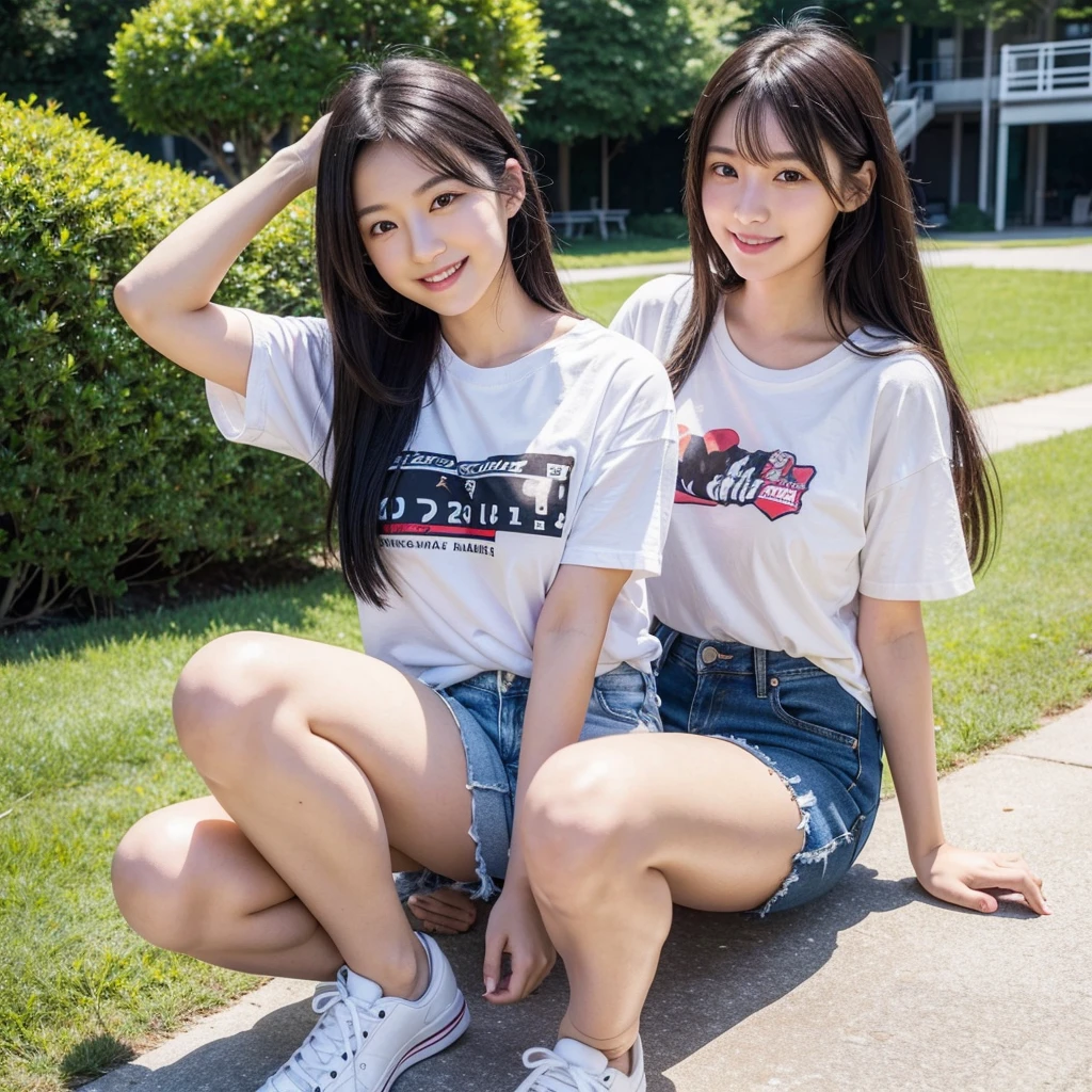 Full body uhd definition of cute Japanese girl, bright smile, 24 years old, long straight black hair, wearing a white small strap T-shirt, wearing jeans shorts, white sneakers, sitting on her knees, the background is a park.