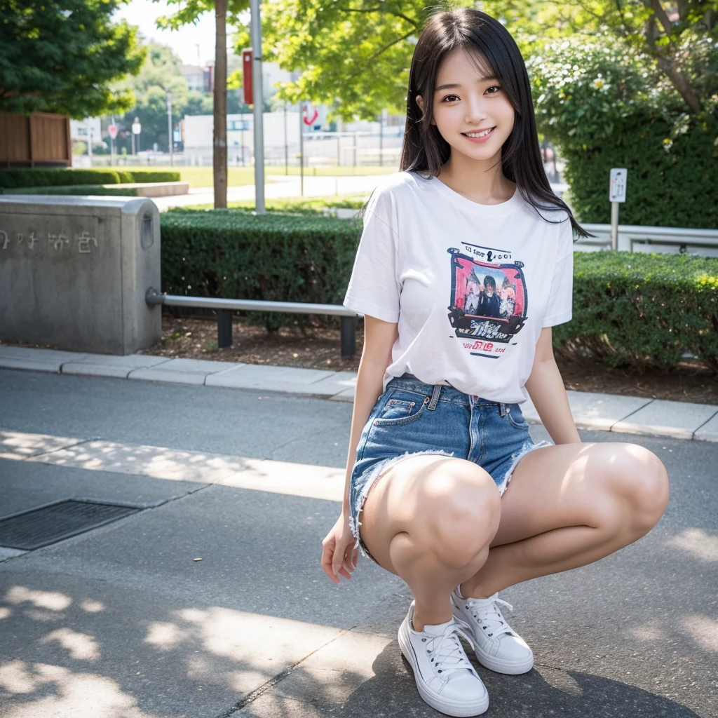 Full body uhd definition of cute Japanese girl, bright smile, 24 years old, long straight black hair, wearing a white small strap T-shirt, wearing jeans shorts, white sneakers, sitting on her knees, the background is a park.