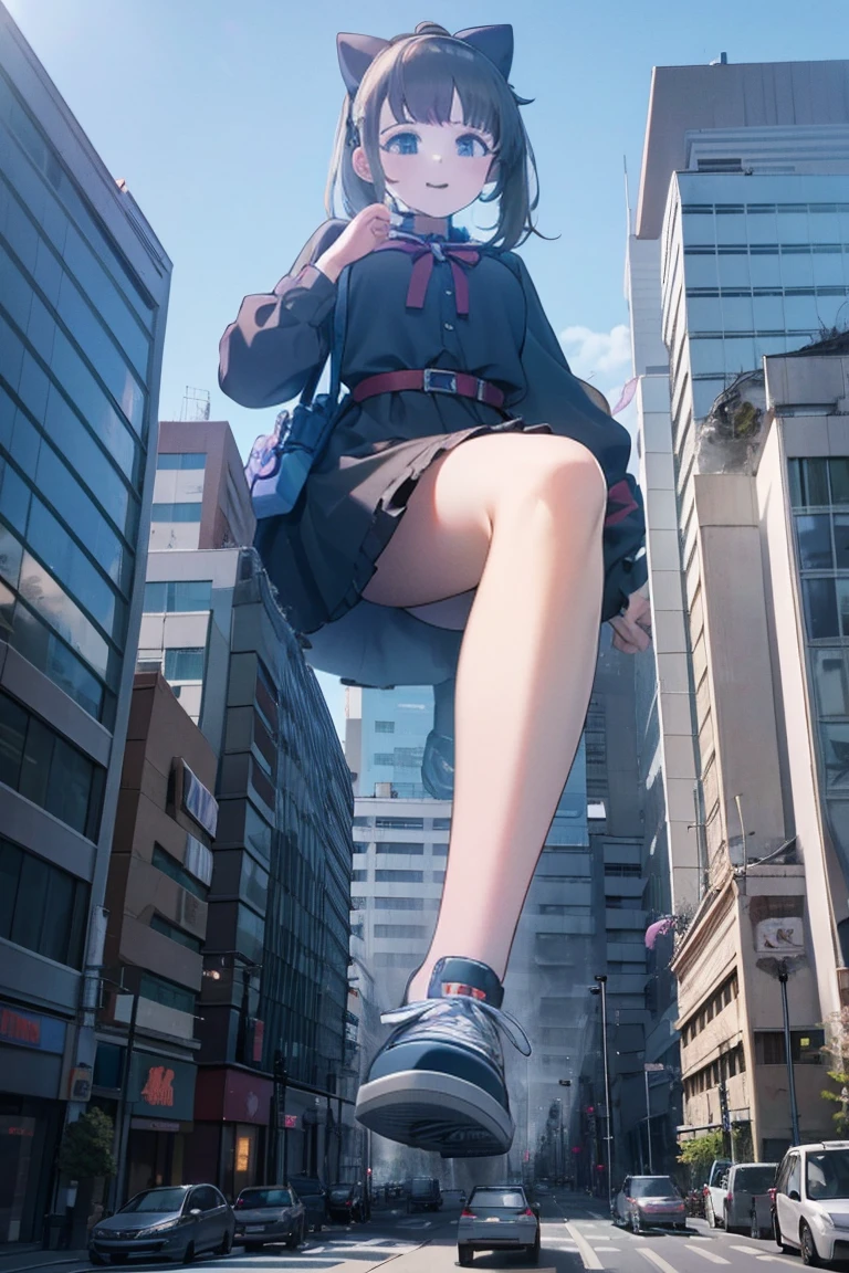 Big girl wearing sneakersgirl taller than the building,casual clothes,girl raising legs high,the soles of shows covered with rubble