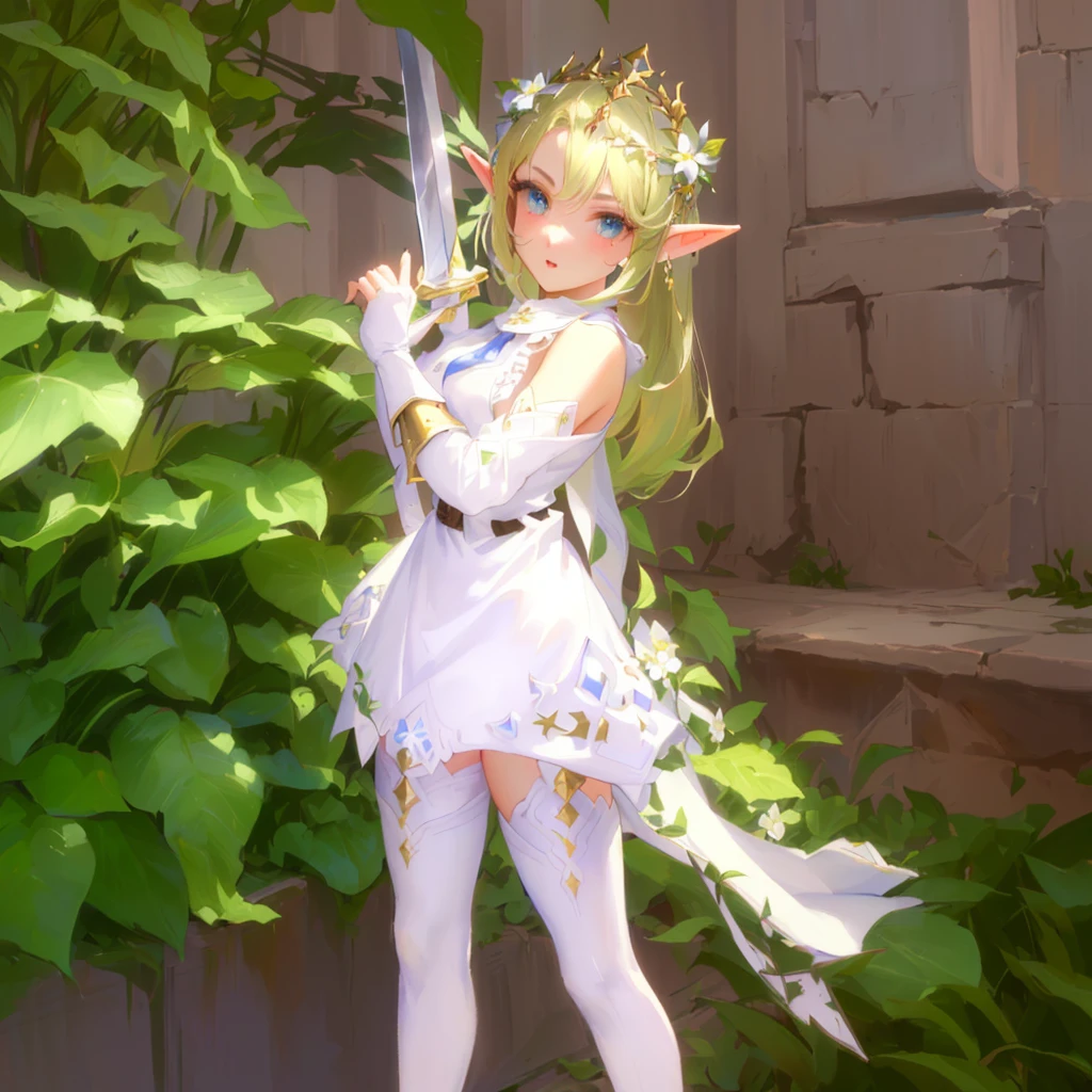 hair slicked back, masterpiece:1.2, best quality, there is a woman in a white dress holding a sword, elf princess, alluring elf princess knight, elf princess knight, elf girl, (((mad))) elf princess, ragnarok online, elf girl wearing an flower suit, lalafell, she has elf ears and gold eyes, elven princess, an elf queen, glossy white armor, pixie character