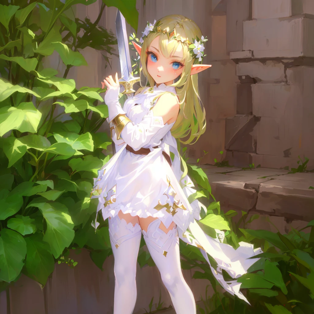 hair slicked back, masterpiece:1.2, best quality, there is a woman in a white dress holding a sword, elf princess, alluring elf princess knight, elf princess knight, elf girl, (((mad))) elf princess, ragnarok online, elf girl wearing an flower suit, lalafell, she has elf ears and gold eyes, elven princess, an elf queen, glossy white armor, pixie character