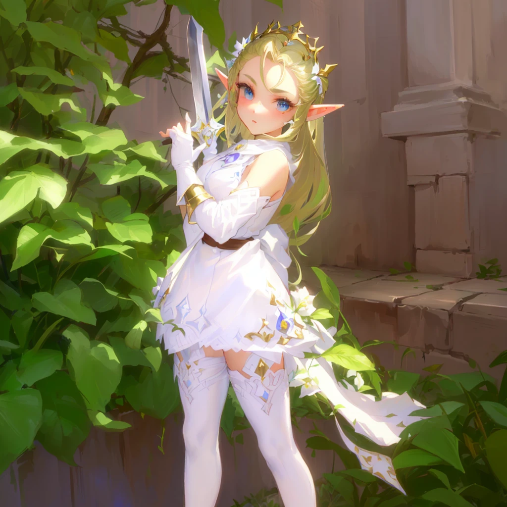 hair slicked back, masterpiece:1.2, best quality, there is a woman in a white dress holding a sword, elf princess, alluring elf princess knight, elf princess knight, elf girl, (((mad))) elf princess, ragnarok online, elf girl wearing an flower suit, lalafell, she has elf ears and gold eyes, elven princess, an elf queen, glossy white armor, pixie character