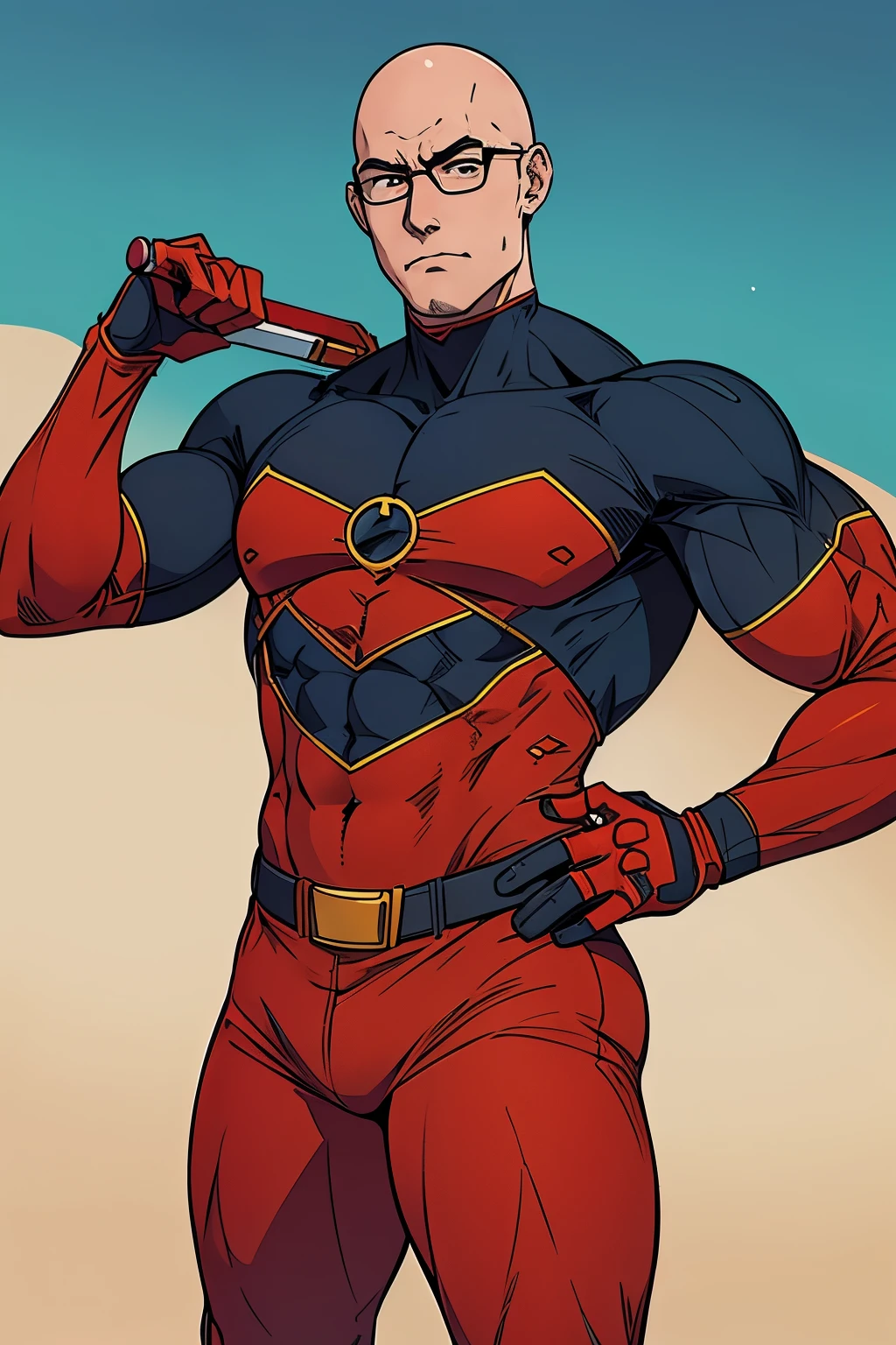 generate a guy with a bald head a little big, he wears glasses, and a unique heroic red costume, he's a genius, comic style anime bold lines