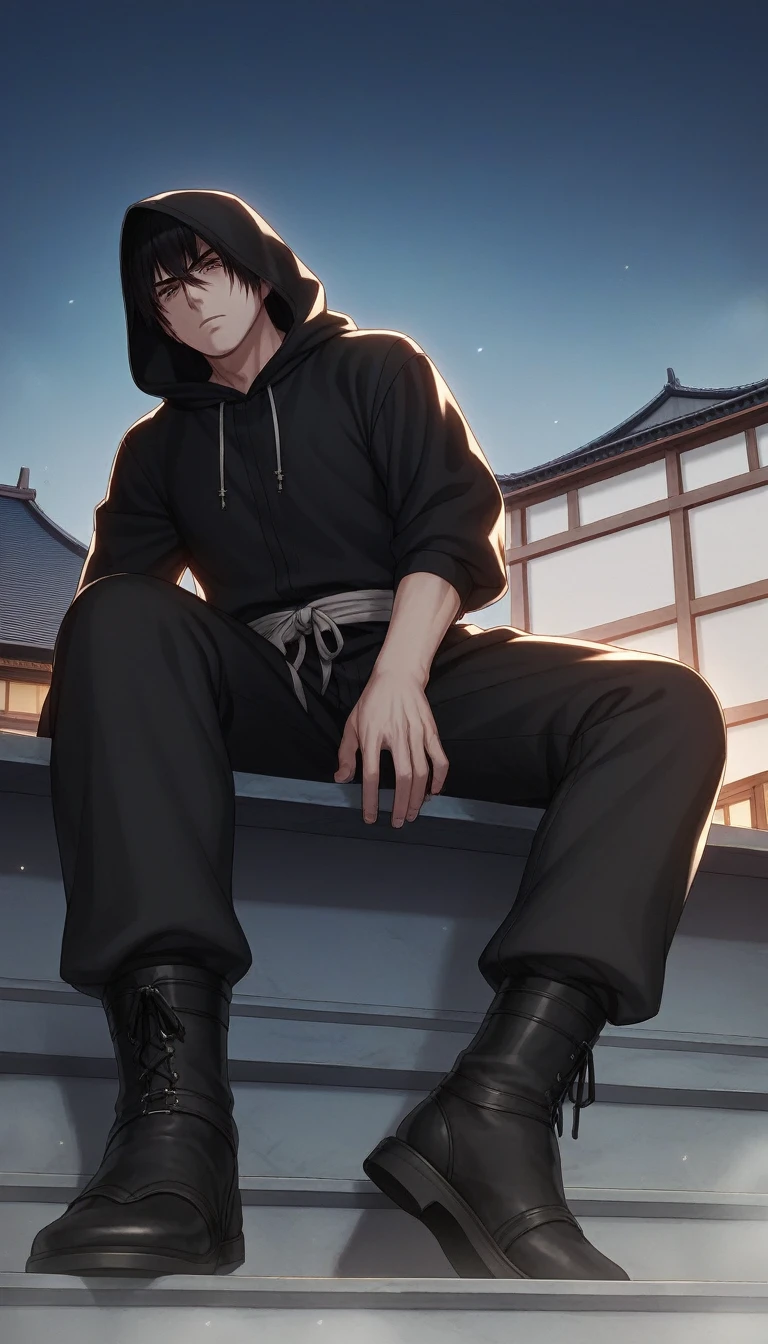 digital illustration in macabre style representing a skilled ninja, perched on the roof of an old Japanese house at night, dressed in traditional ninja costume, hooded, kneel on the edge of the roof, peering beyond the edge with intense focus, cowboy style, gazing at viewer, rim-light, below a palace burns intensely, flickering shadows of smoke around buildings, smoke that waves, tense and dangerous, Hiroshi Yoshida style and Jeremy Mann style, ultra quality, ultra detaild, ultra realisitic, sharp focus, intricate, sharp details, rich colour, 8K. tenebrosa, Gothic, grim, haunting, highy detailed