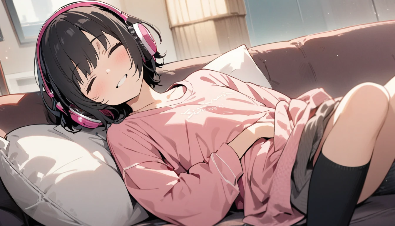 1girl, solo, flat chest, short hair, black hair, , black socks, upper body, gentle smile on her face, pink shirt((masterpiece, illustration, best quality)) listening to music, close your eyes, indoors, sofa, headphones、laying on the sopha with laying her head on pillows, detailed description