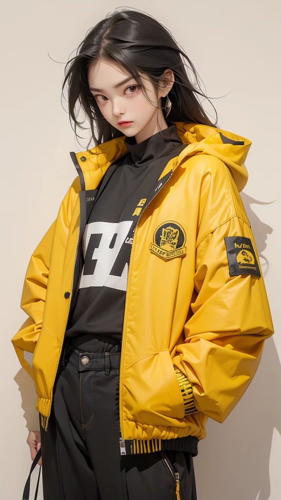 (Highest quality:1.2)。One Woman。Angry expression。(Wearing a yellow jacket)。(standing)。The background is a black。(the word SELA is written on his jacket )